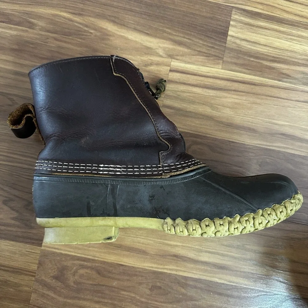 LL Bean Duck Boot Mens Size 10 Brown Leather Flannel Lined Zip Up Made USA Maine